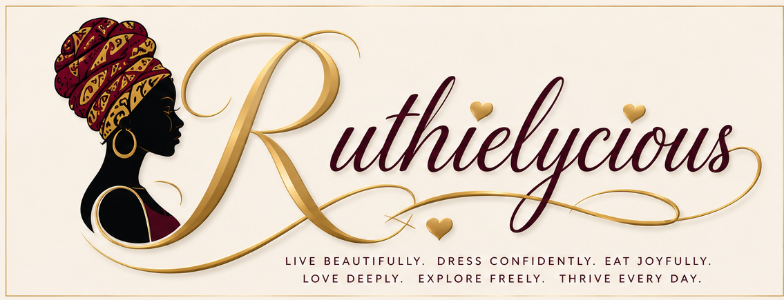 Ruthielycious logo with elegant headwrap silhouette and ornate gold R